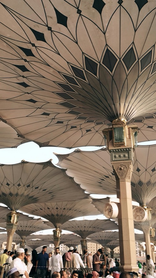 The shaded canopies of the courtyard at the Prophet's Mosque in Madinah