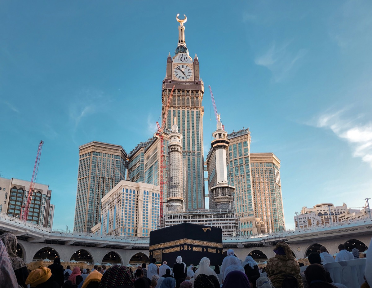 The hotel towers of the Abraj Al Bait complex rising above the Haram in Makkah